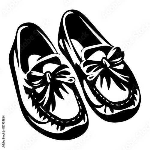 Artistic rendering of two black and white bow tie moccasin shoes