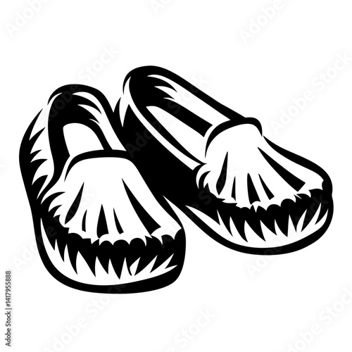 Graphic depiction of fringed moccasins with a bold, monochrome design