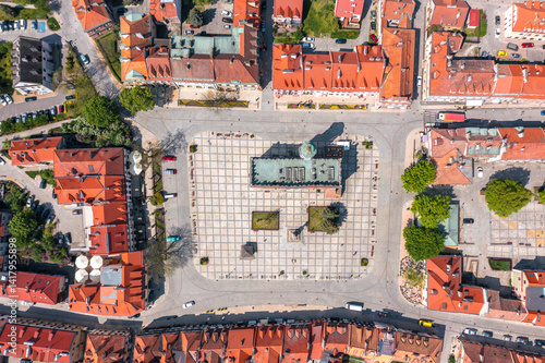 Obraz na płótnie Summer cityscape of Sandomierz, Świętokrzyskie, Poland. Aerial view directly above the Town Hall and Old Market square w salonie