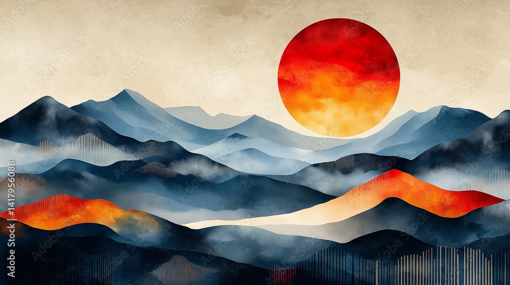 Abstract colorful landscape image with geometric shapes.