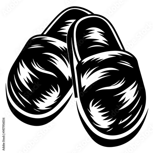 Monochrome drawing of two slippers next to each other on white backdrop