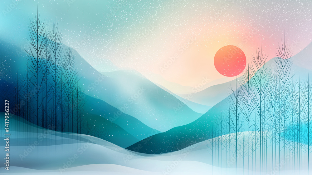 Abstract colorful landscape image with geometric shapes.