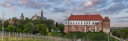 Summer cityscape panorama of Sandomierz, Świętokrzyskie, Poland. Wide panoramic view of the old town and Royal Castle