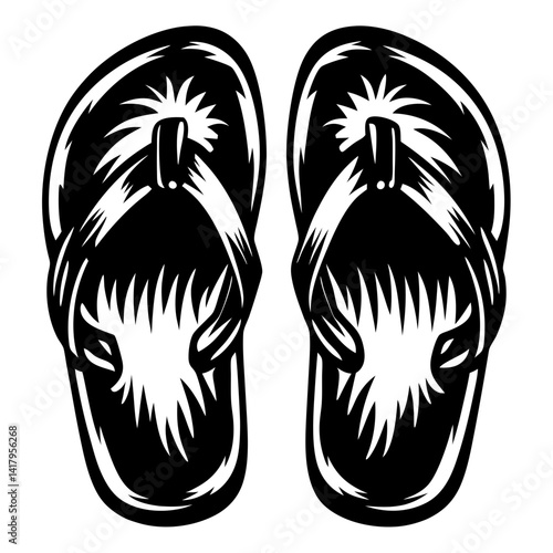 A Simple Black and White Image of Two Palm Tree Flip Flops