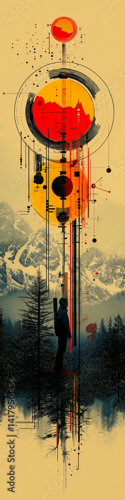 Abstract colorful landscape image with geometric shapes.