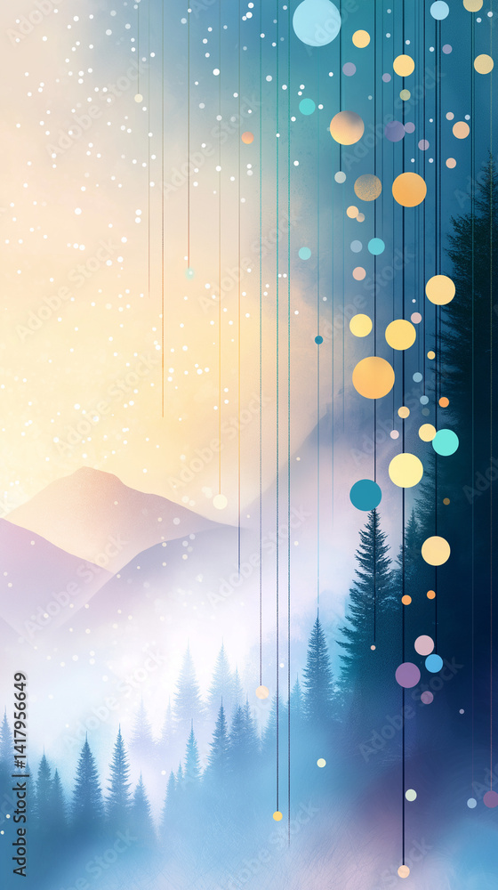 Abstract colorful landscape image with geometric shapes.