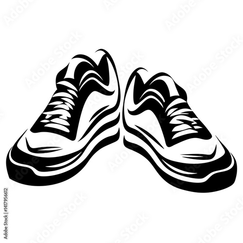 Stylized vector graphic of a pair of athletic shoes in black and white