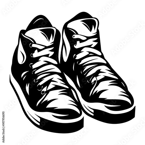 Bold Black and White Graphic of Two HighTop Sneakers With Laces