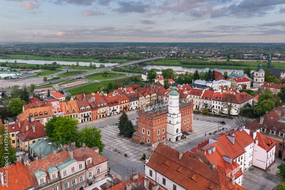 Summer skyline cityscape of Sandomierz, Świętokrzyskie, Poland. Wide panoramic aerial view of the old town