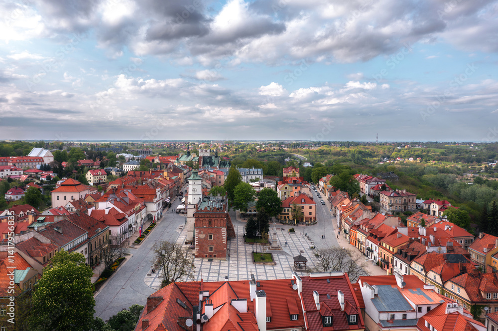 Summer skyline cityscape of Sandomierz, Świętokrzyskie, Poland. Wide panoramic aerial view of the old town
