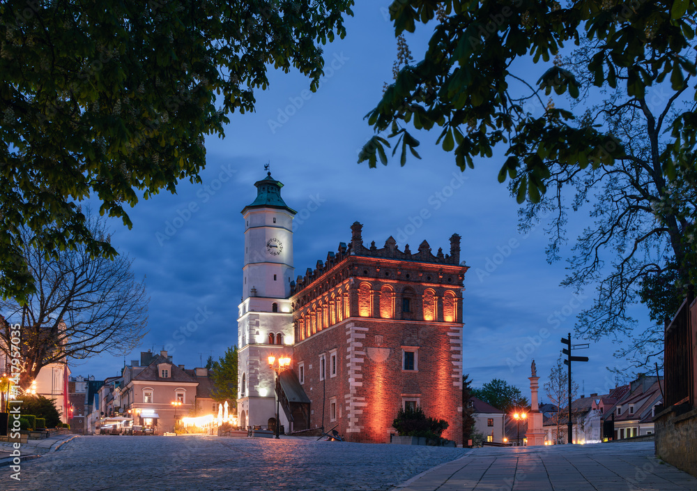 Evening cityscape of Sandomierz old town, Świętokrzyskie, Poland. View of Town Hall and Old Market square