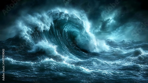 Powerful storm waves at night