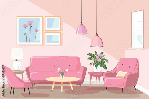 interior modern living room with sofa,  plant, lamp, decoration, 3D render