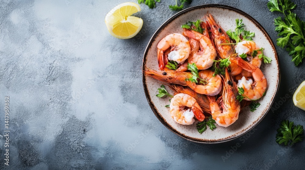 Gourmet shrimp dish served with lemon on plate Gourmet shrimp dish served with lemon on plate