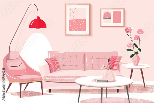 interior modern living room with sofa,  plant, lamp, decoration, 3D render