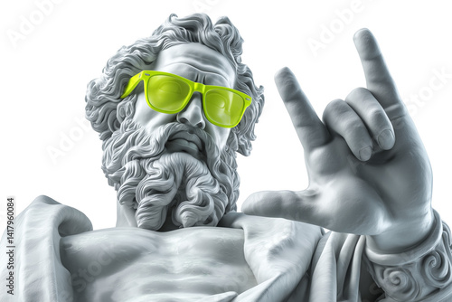 Mythical Maverick: Statue of Zeus Sporting Neon Sunglasses and Rock Sign