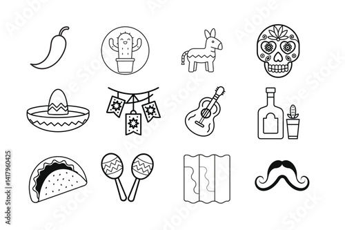 Vibrant Mexican Fiesta Icons Line Art Collection of Culture, Food, and Traditions