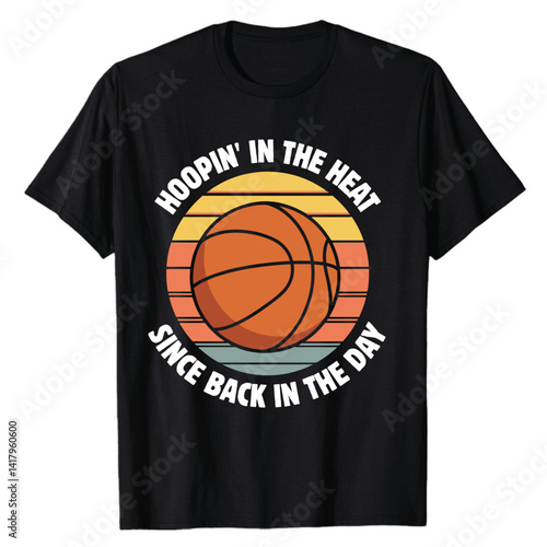 Vintage summer basketball design with retro sunset scene perfect for black t-shirt style graphic for man and girl sporty streetwear or beach look
