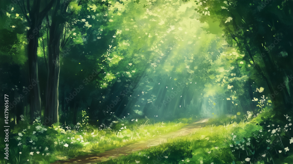 Fototapeta premium RPG game map, sunlit path winds through a vibrant forest, creating a serene and enchanting scene