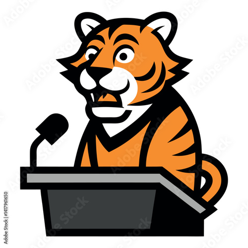 Cartoon tiger in a suit giving a speech at a podium.