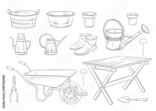 Gardening equipment and tools. Large seasonal vector garden clipart - table, wheelbarrow, watering cans, basins, ceramic flower pots, trowel, shears and rubber boots Perfect for spring or summer decor