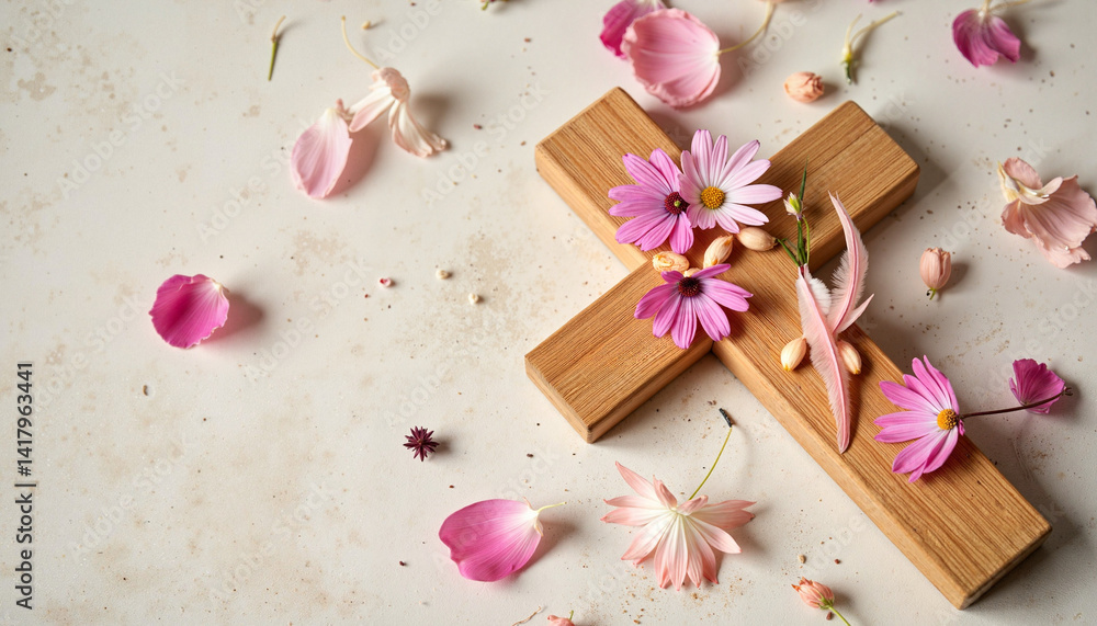 Floral cross on soft surface surrounded by petals, symbolic celebration Floral cross on soft surface surrounded by petals, symbolic celebration