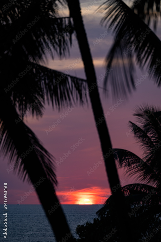 Vivid sunset behind palm trees on a tropical coastline, with glowing clouds and soft reflections on the calm ocean surface.
