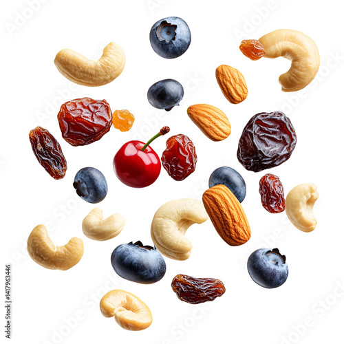 Assorted nuts and dried berries mix, including cashews, almonds, walnuts, cranberries, blackberries, and blueberries, scattered on a transparent background Concept of healthy snack, trail mix, and nat