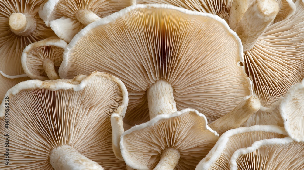 Close-up shot of multiple pale beige mushrooms clustered together, showcasing their intricate gill structures and delicate textures. The image offers a detailed view of their delicate features. Close-up shot of multiple pale beige mushrooms clustered together, showcasing their intricate gill structures and delicate textures. The image offers a detailed view of their delicate features.