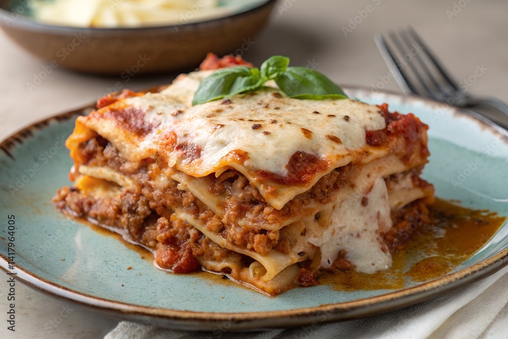 Lasagna slice on a plate, with cheese melting over edges, isolated on neutral backdrop Lasagna slice on a plate, with cheese melting over edges, isolated on neutral backdrop