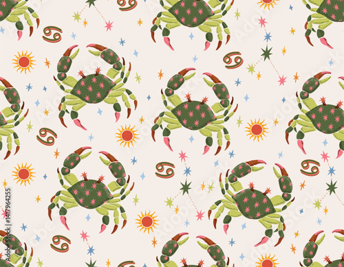 Canceri zodiac star seamless pattern. Cancer sign symbol stars Vector EPS10