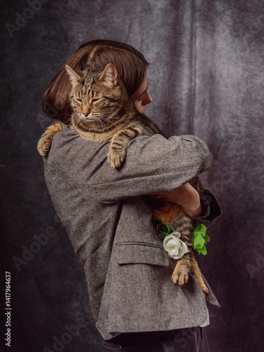 Classic portrait of a young girl in business suit and holding big heavy tabby cat, Grey color background. Elegant model with long hair and calm face expression.