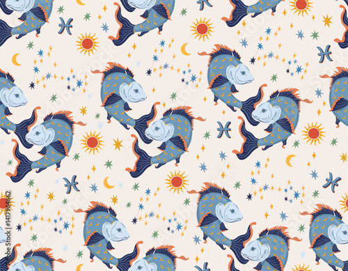 Pisces zodiac star seamless pattern. Pisces sign symbol stars Vector EPS10
