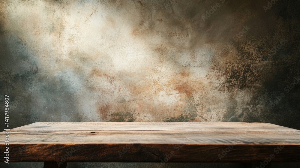 Empty rustic table against stormy brown clouds