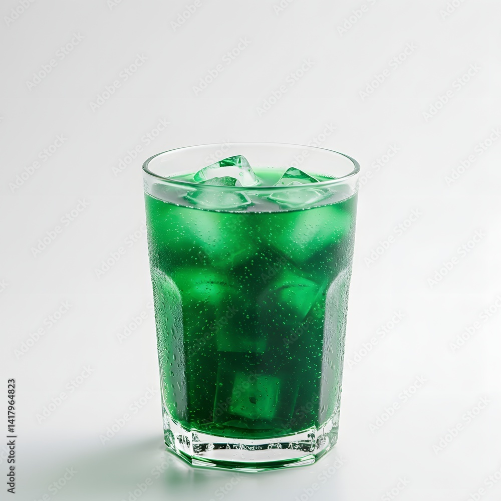 Refreshing Green Drink with Ice Cubes in a Glass - Summer Beverage Concept. Refreshing Green Drink with Ice Cubes in a Glass - Summer Beverage Concept.