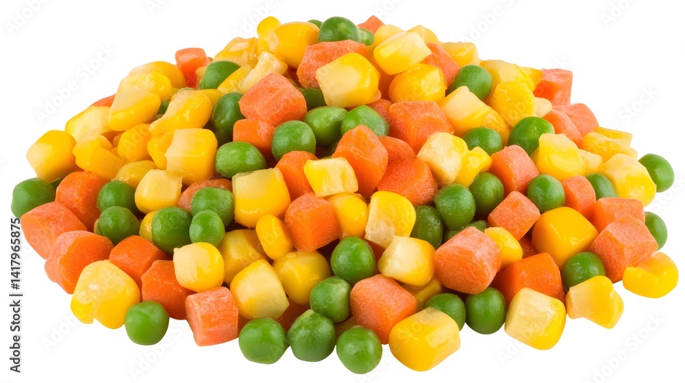 A vibrant pile of frozen mixed vegetables, including corn, carrots, and peas, showcasing their bright colors and uniform cube shapes against a white background. A vibrant pile of frozen mixed vegetables, including corn, carrots, and peas, showcasing their bright colors and uniform cube shapes against a white background.