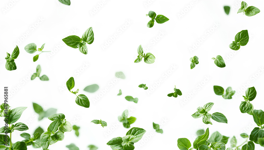 Fresh oregano sprigs in the air on white background Fresh oregano sprigs in the air on white background