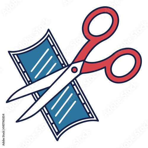 Video Editing Icon with Scissors Cutting Filmstrip in Flat Style

