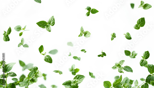 Fresh oregano sprigs in the air on white background