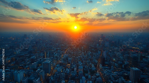 Orange And Blue City Sunset Aerial View