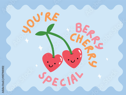 CUTE DOODLE HEART CHERRIES WITH TYPO SLOGAN YOU ARE BERRY CHERRY SPECIAL WITH STAMP BORDER GRAPHIC,  FRUIT PRINT DESIGN FOR T SHIRT, SWEATSHIRTS, HOODIES  GIRLS WEARS, KID GIRLS, TWEEN