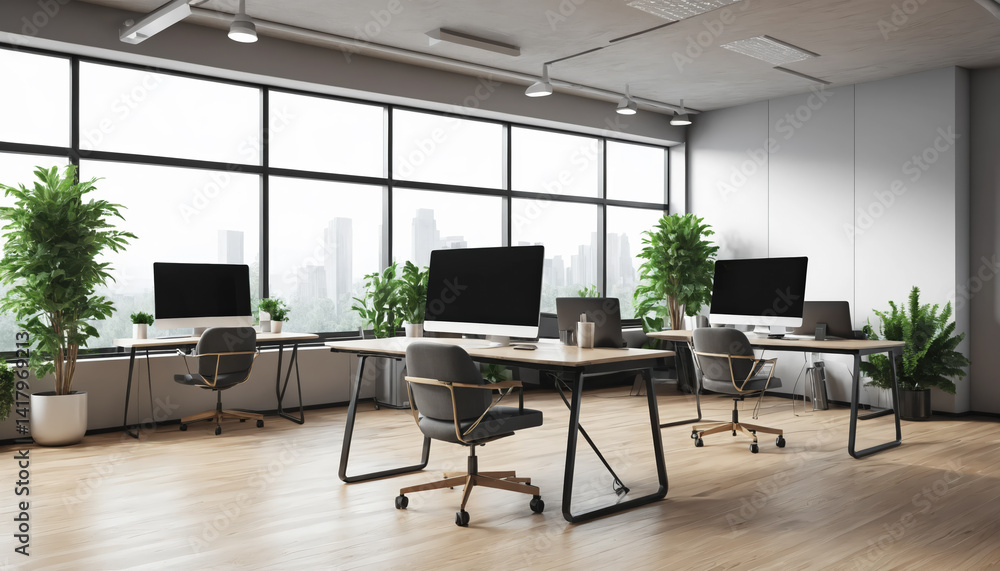 Fototapeta premium Modern office interior with large windows, wooden floor, desks, computers, chairs, and plants. 