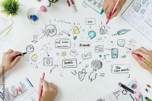 Collaborative brainstorming session, hands sketching ideas on white paper, with business concepts in background