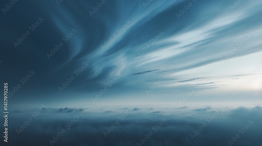 Fototapeta premium Serene twilight above a boundless ocean of clouds, painted in soft, cool blues and grays.