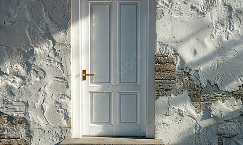 White door on textured wall with shadows, leading to an inviting entrance in a serene setting
