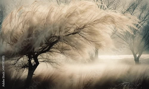 Windswept grass sways dramatically in a misty landscape, evoking a serene yet dynamic atmosphere