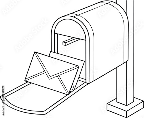 Minimal Line Drawing of Envelope in Mail Slot, Simple Grayscale Illustrationv