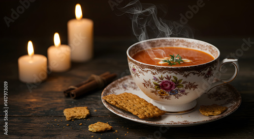 Wallpaper Mural Cozy Still Life With Steaming Soup Elegant Cup and Burning Candles Torontodigital.ca