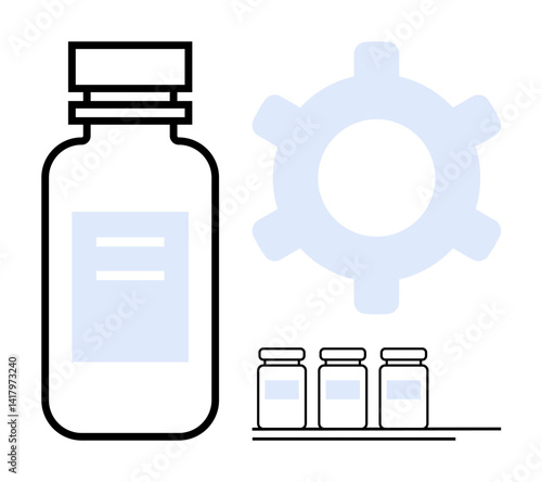 Large medicine bottle next to gear icon and three smaller bottles on a line, symbolizing pharmaceutical production, innovation, and processes. Ideal for healthcare, research, tech, manufacturing
