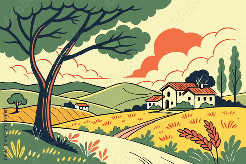 76 Colorful landscape painting, rural countryside, vibrant sunset, large green trees, small houses with red roofs, rolling hills, golden fields, stylized clouds, bold colors, flat design, digital illu